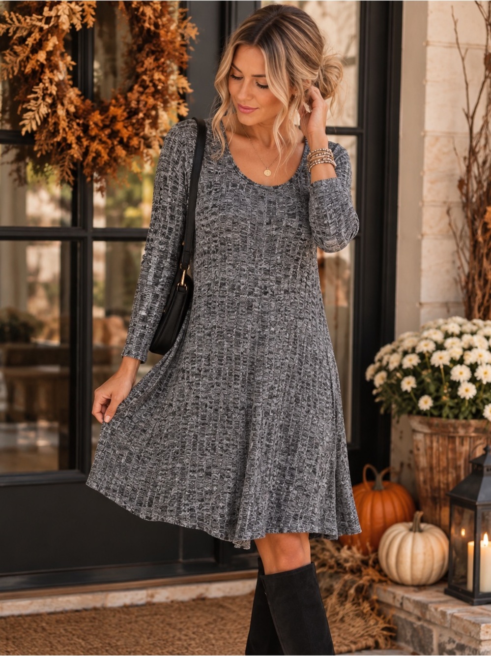 Derek Heart Gray Ribbed Knit Long Sleeve Swing Dress Women’s Large